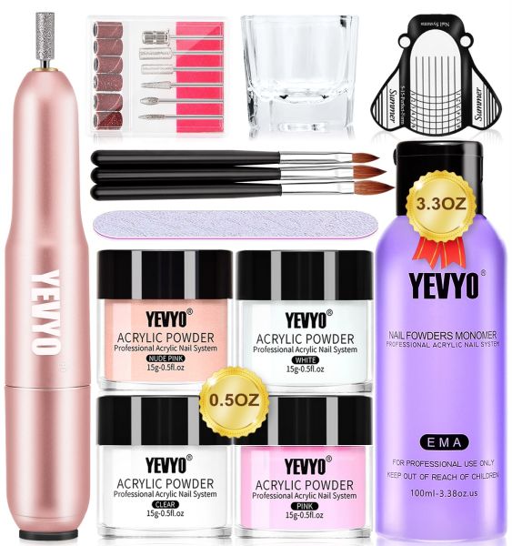 Acrylic Nail Kit With Drill; Acrylic Powder and Liquid Set With Nail Drill; With Clear; Nude; Pink; White Nail Powder and Monomer; Professional Acrylic for Nail Extension; Art Nails Beginner…
