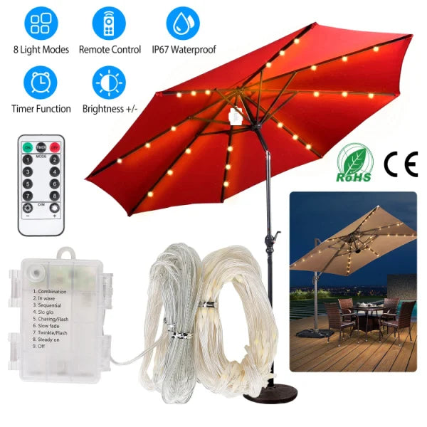 Patio Umbrella Lights 8 Lighting Mode Waterproof Parasol Timer Lamps W/ Remote Controller 104 LED 8 Bundles Warm White